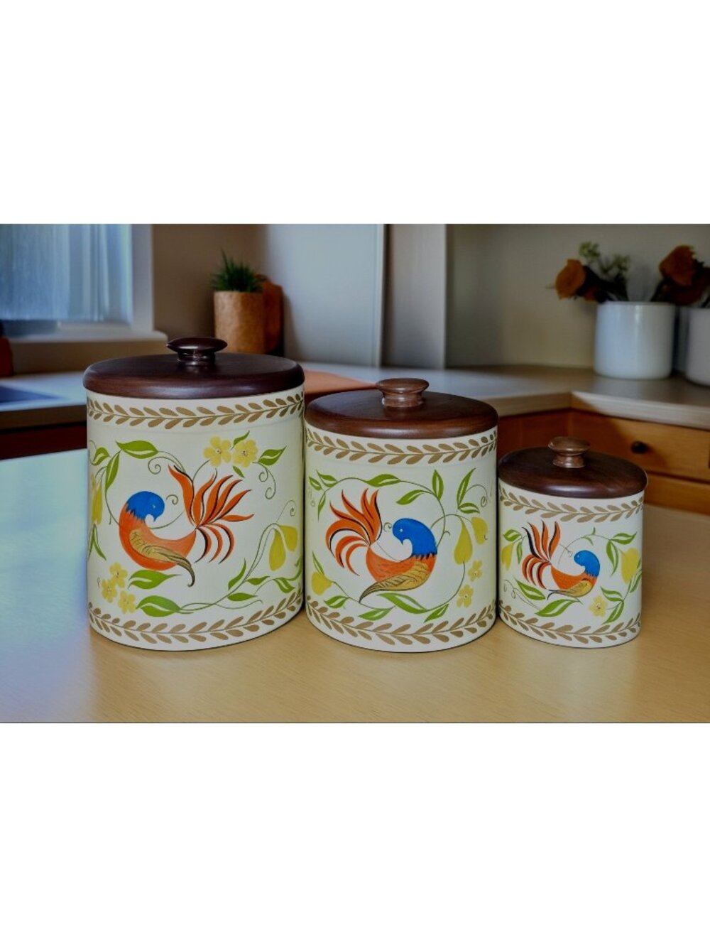 Vintage Ransburg Hand-Painted Metal Canister Set W/Wood Lids Floral & Bird Desig